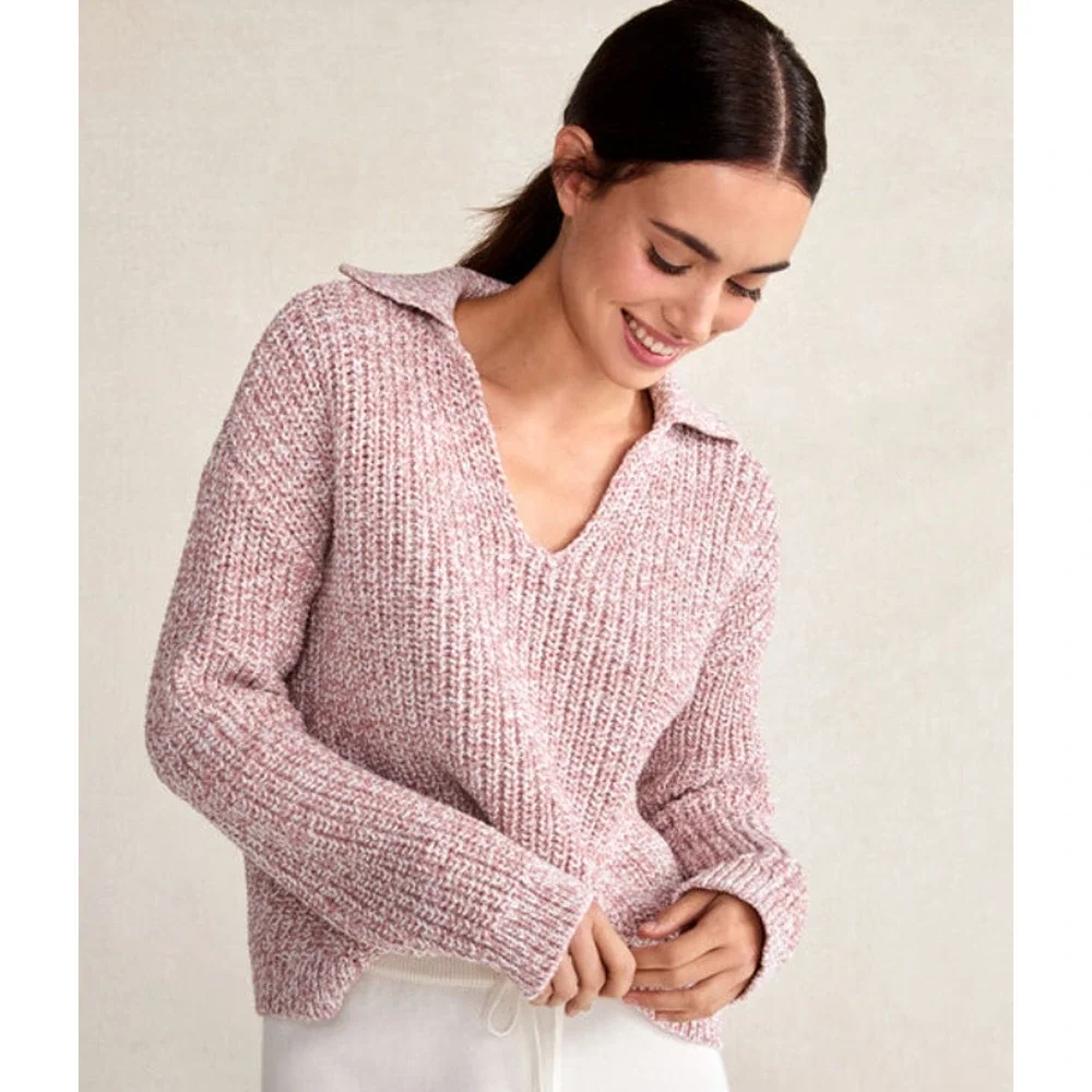 Haven Well Within Marled Knit Polo Sweater Womens Medium Pink Cozy Chunky Cotton